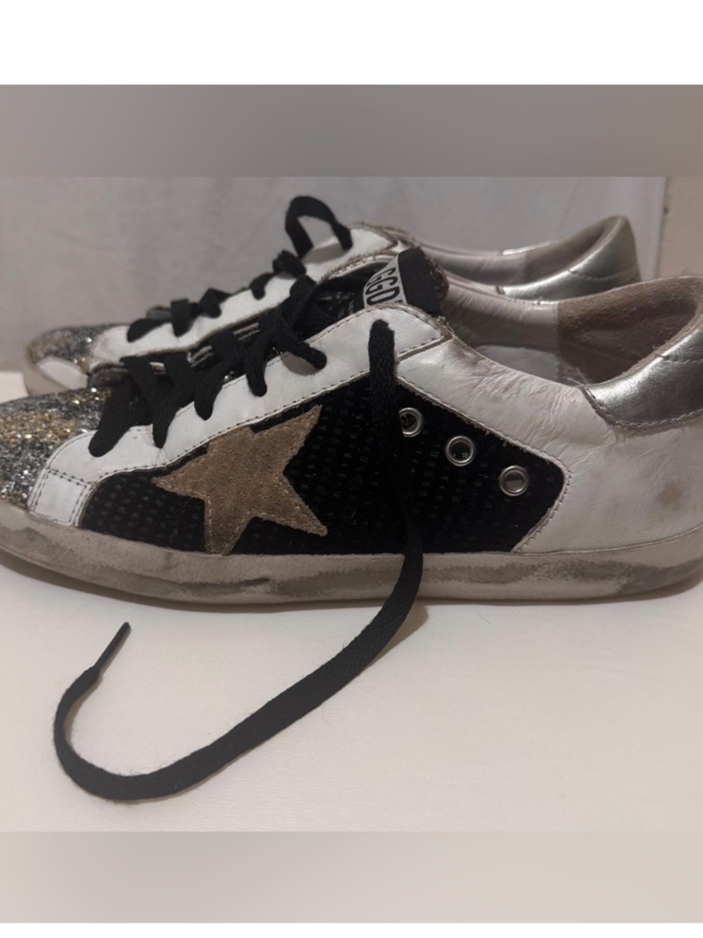 Golden Goose Women's Low-Top Sneakers in Black, White and Gold/Silver Glitter